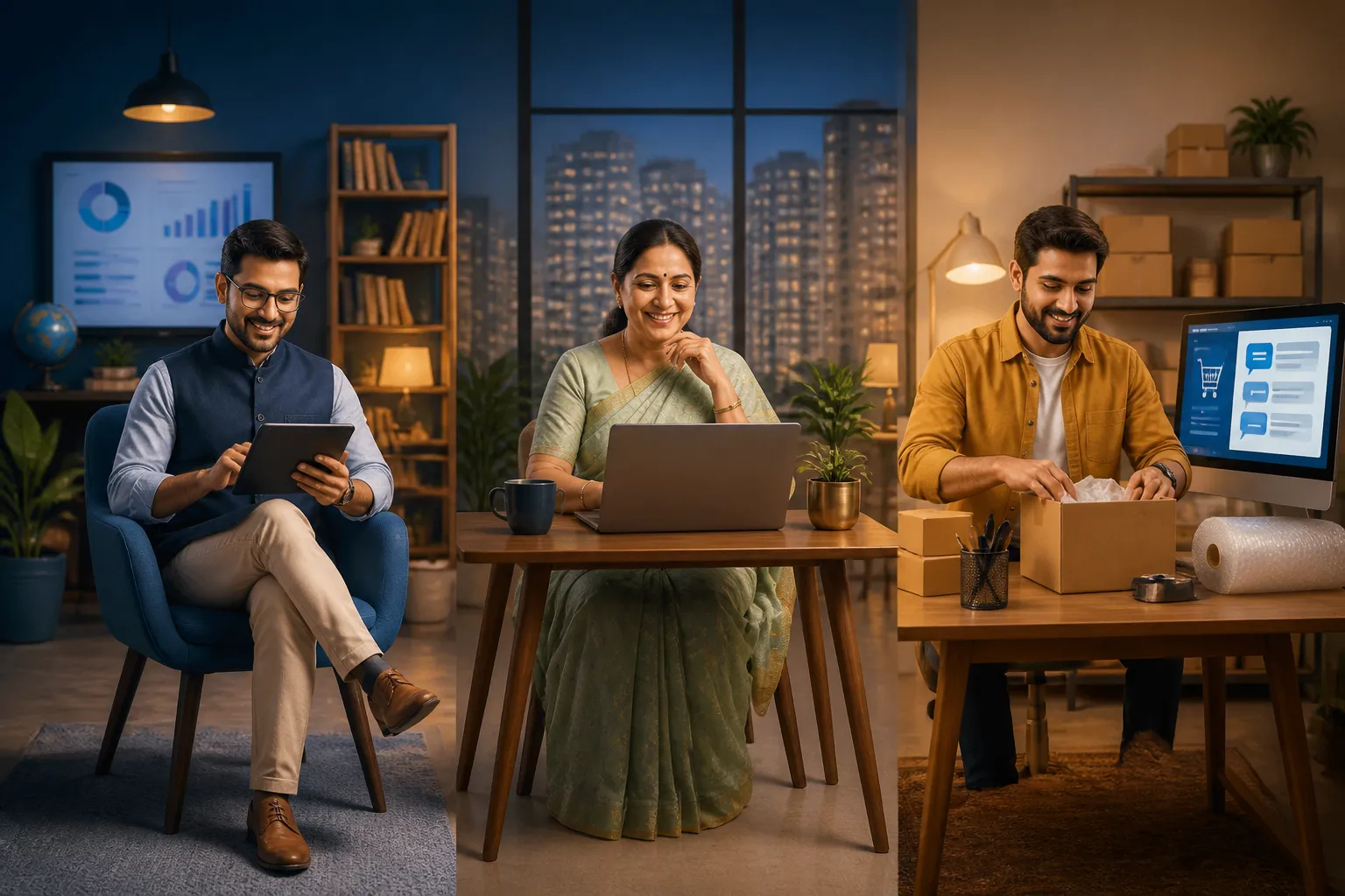 Three Indian business owners benefiting from AI automation across different industries